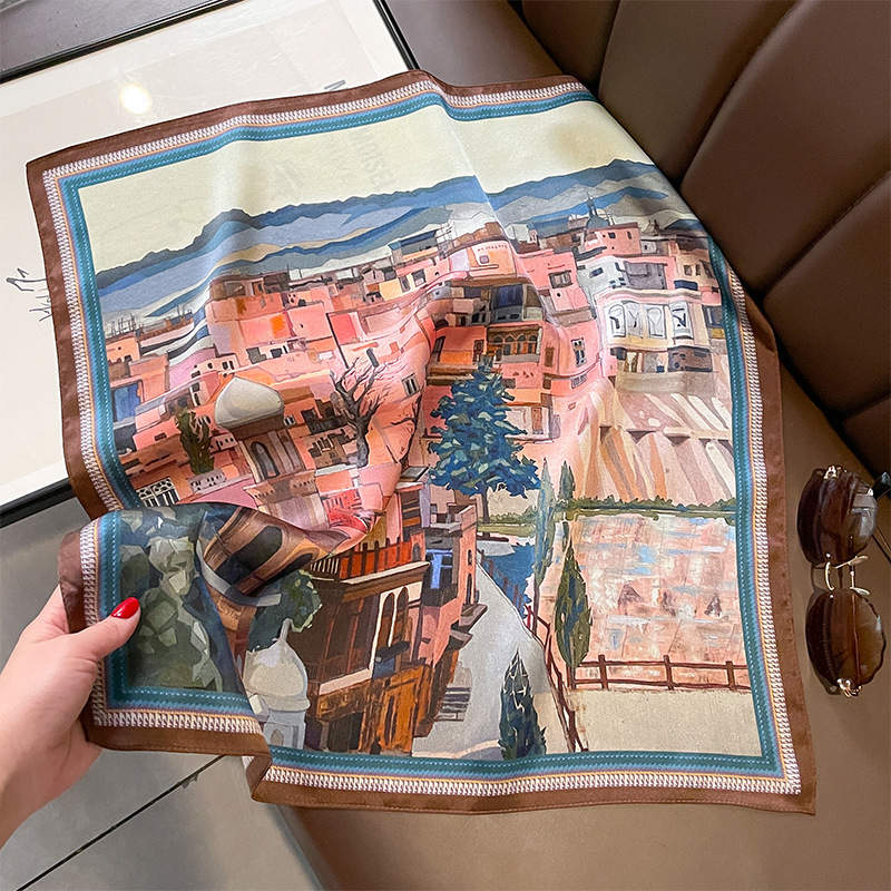 «Villaggio» | Bandana med bymønster | Silkeskjerf | 100 % Silke (53 x 53 cm)